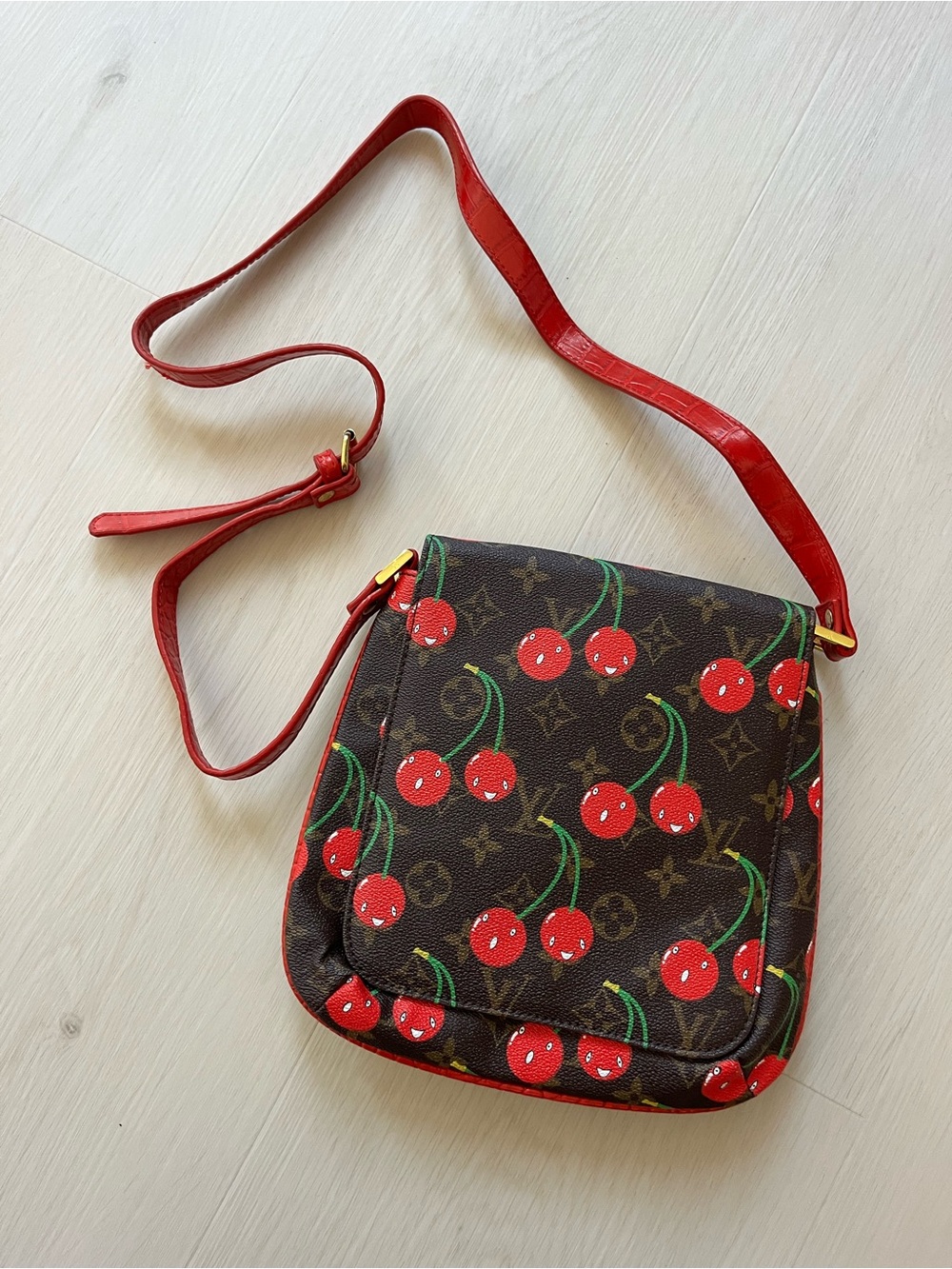 Designer Cherry Print Crossbody Bag - Red